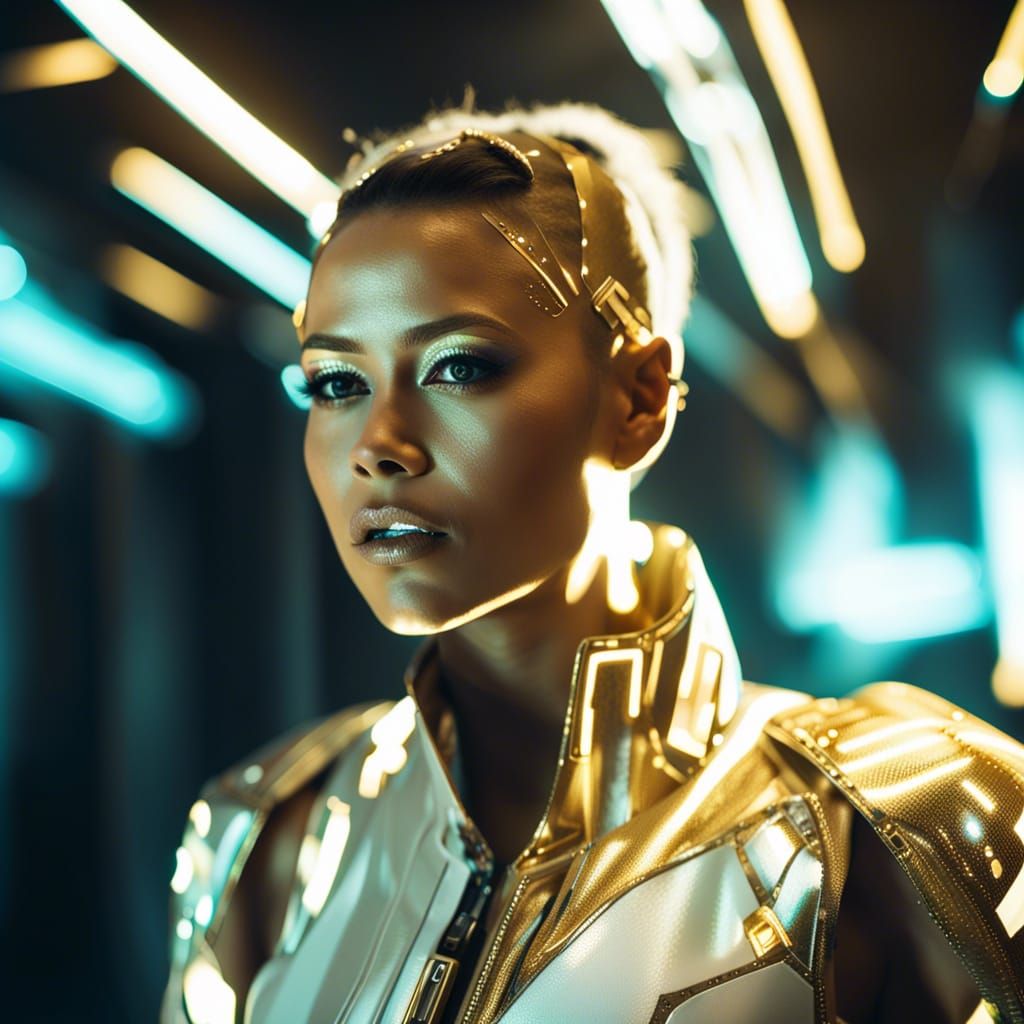 Cyberpunk Cyborg Portrait in White and Gold