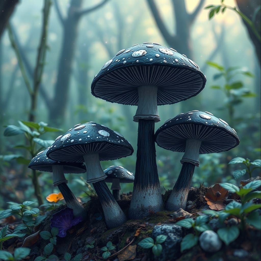 Ethereal Forest: Black Mushrooms in Cosmic Illustration Styl...