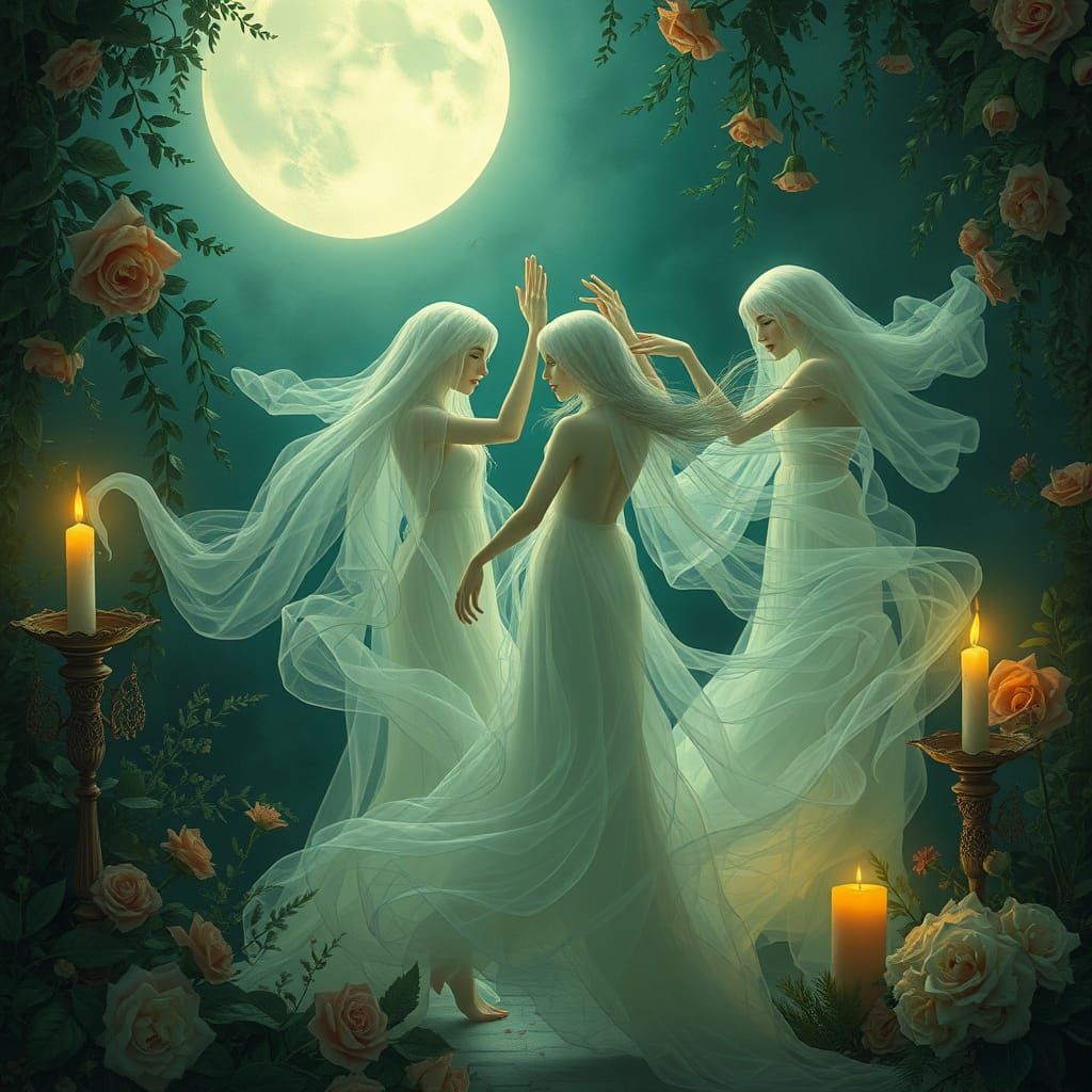 Surreal Ghosts Dance Under Emerald Moonlight