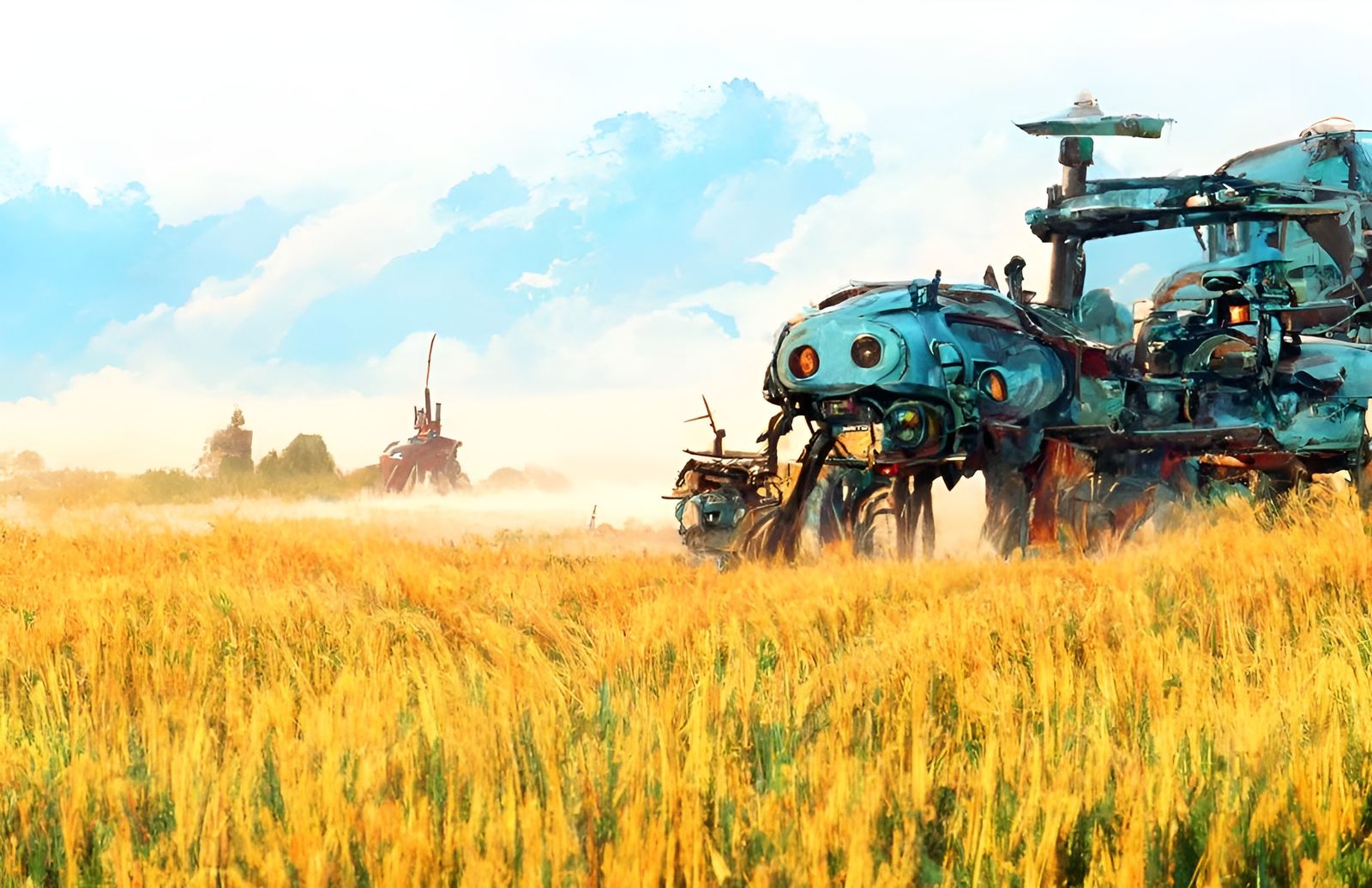Steampunk Harvesters at Sunrise: Sci-Fi Digital Oil Painting