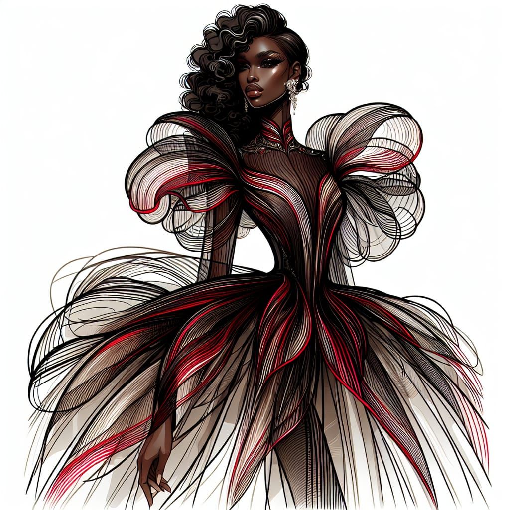 High Fashion African American Model in Red and Black Gown