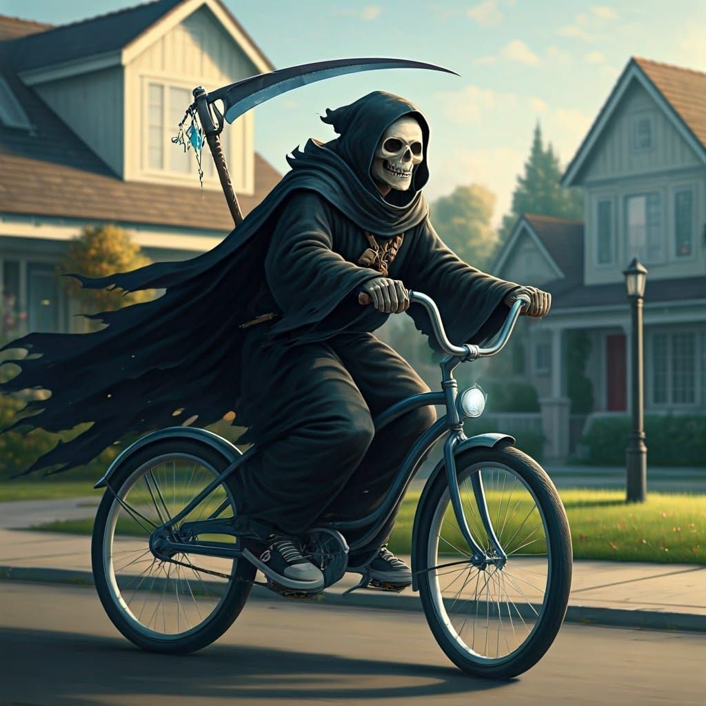 Whimsical Grim Reaper on Bicycle, Stylized Realism