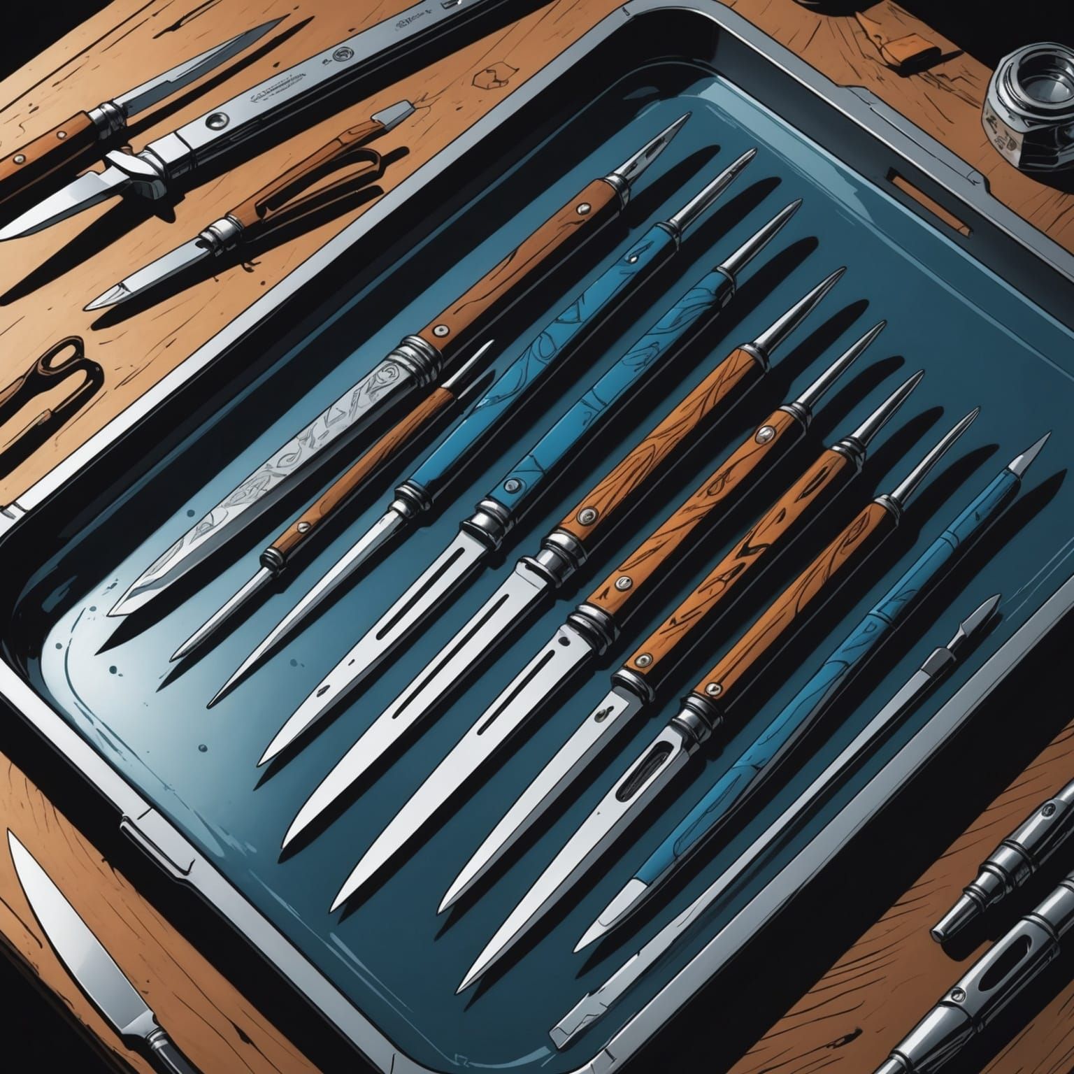 Forensic Scalpels on Tray as Comic Book Art