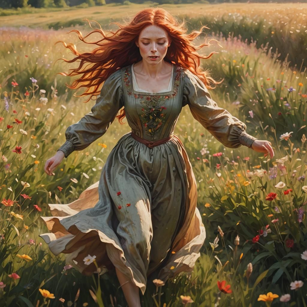 Medieval Woman Runs Through Wildflower Field: Impressionist ...