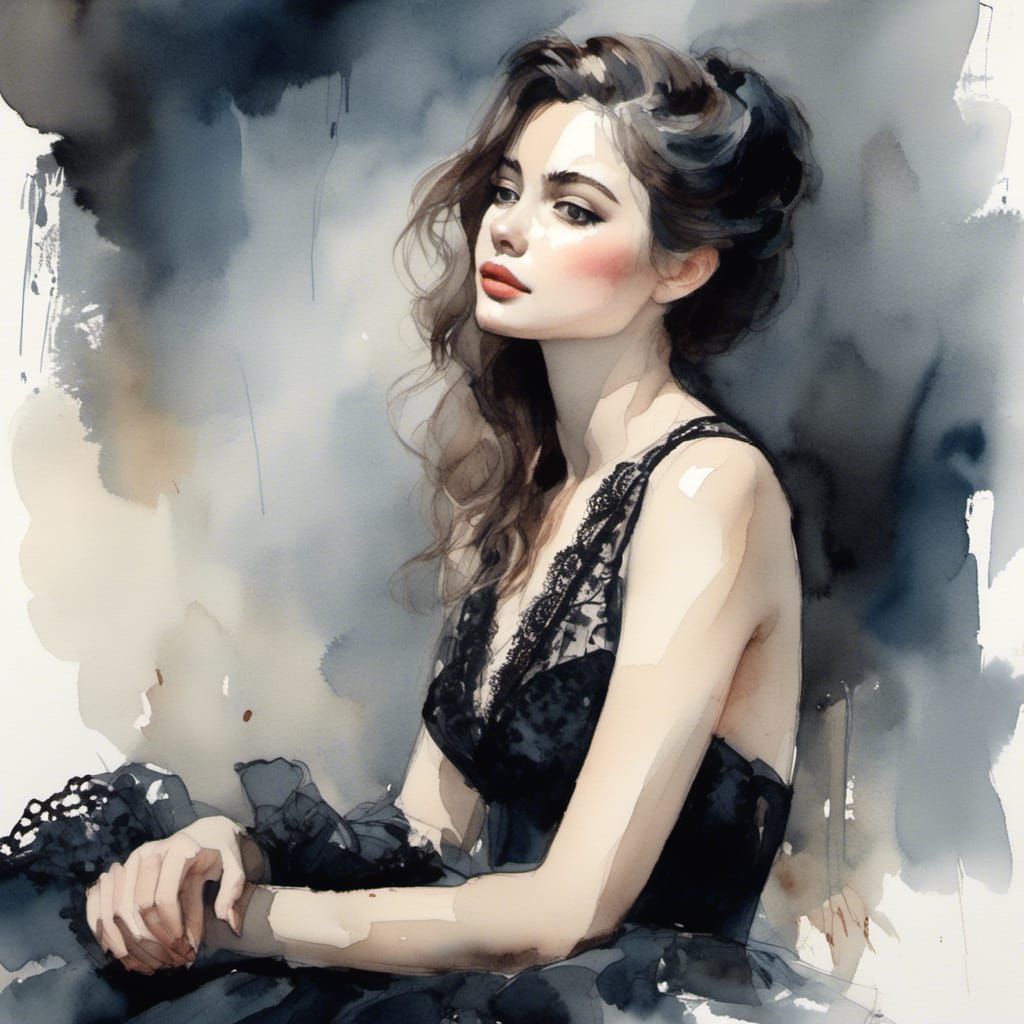 Elegant Woman in Black Lace: Watercolor Portrait