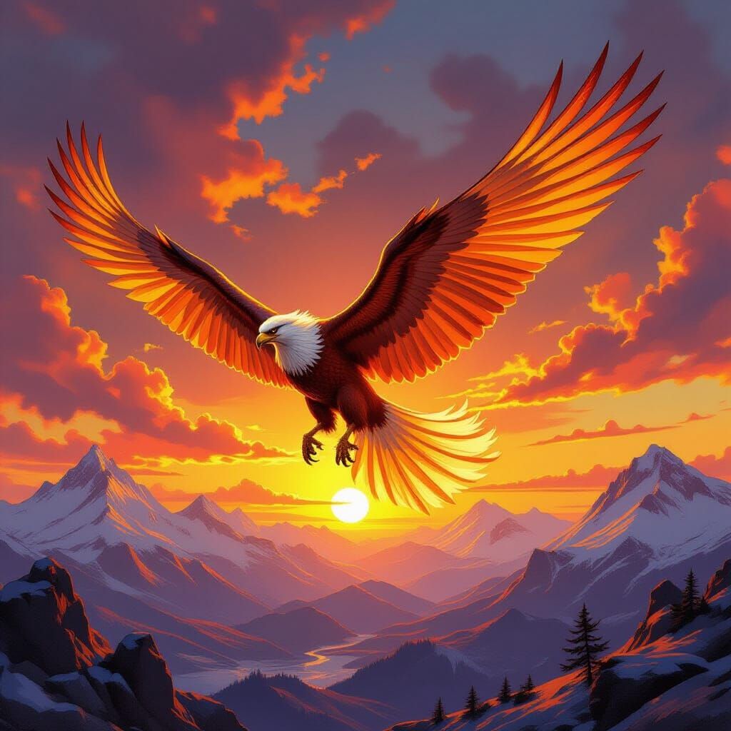 Griffin Soaring at Sunset: Fantasy Art