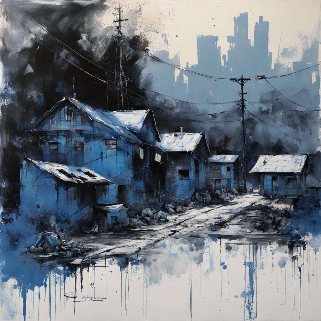 Blue Postapocalyptic Village Scene in Moody Monochromatic Oi...