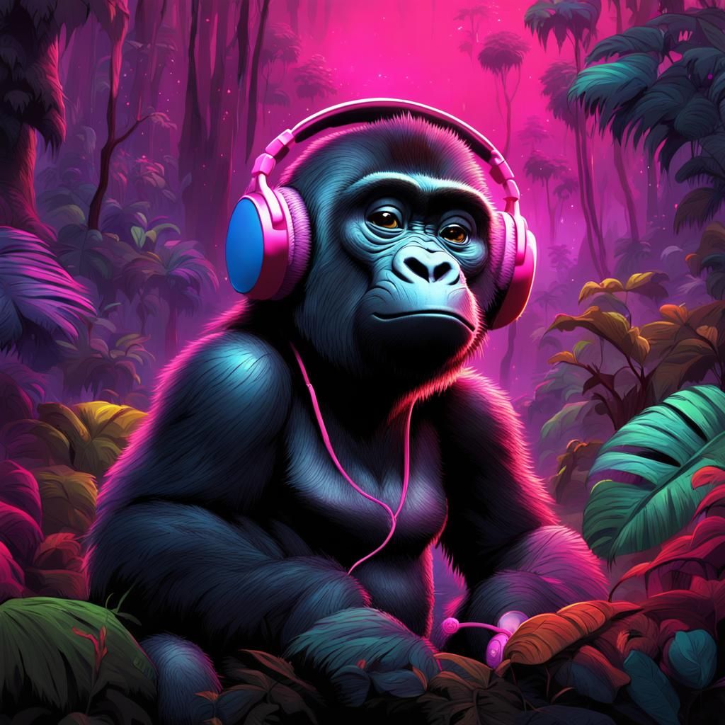 Cartoon Gorilla Listens to Music in Jungle
