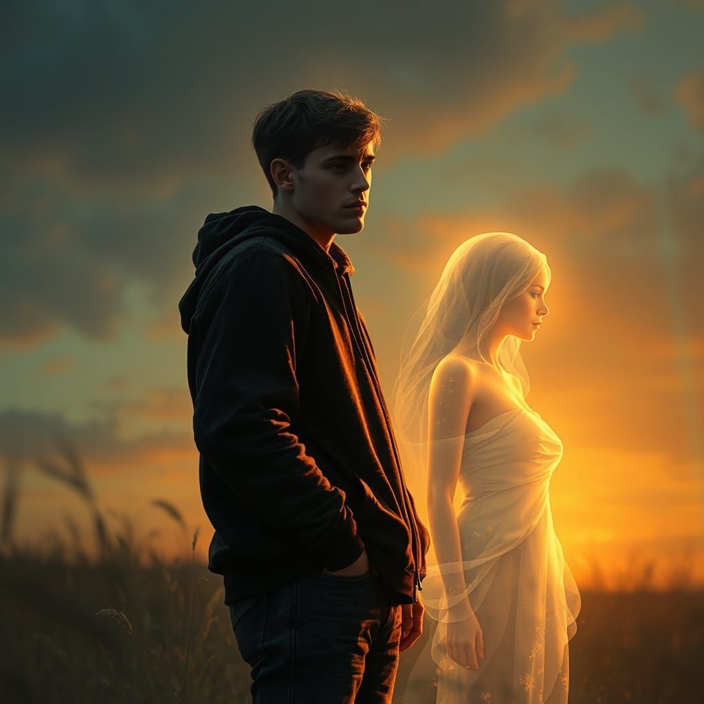 Melancholic Man and Ghostly Girlfriend in Splash Art