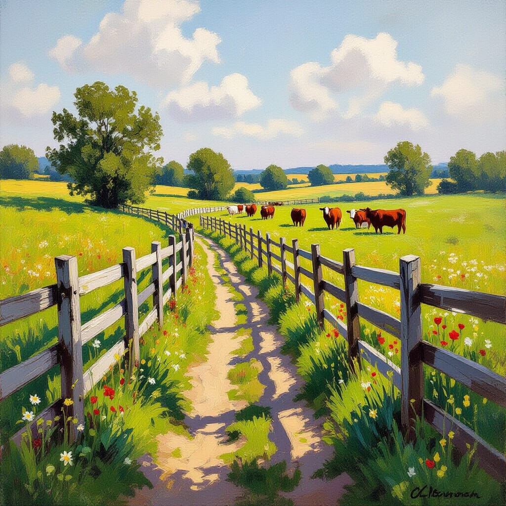 Idyllic Country Path with Cattle, Impressionist Style