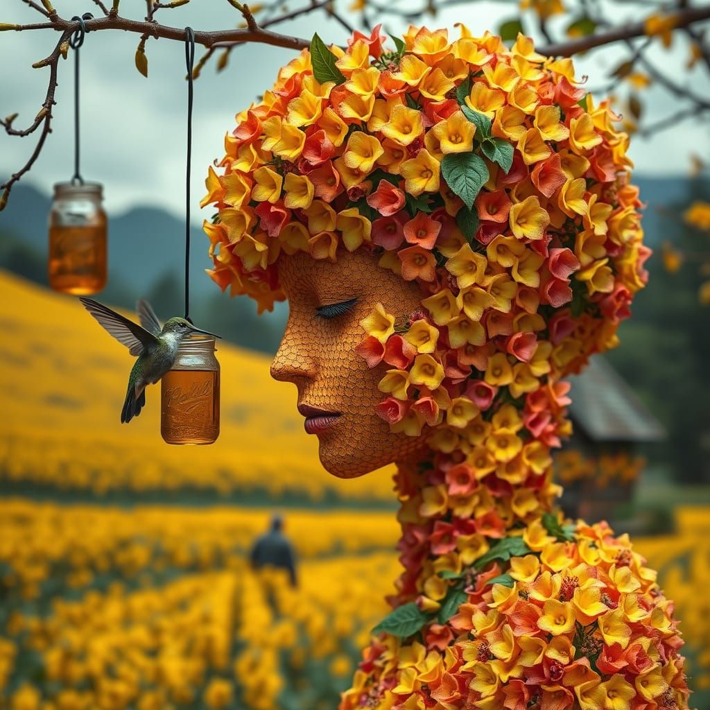 Surreal Honeysuckle Goddess Amidst Golden Landscape