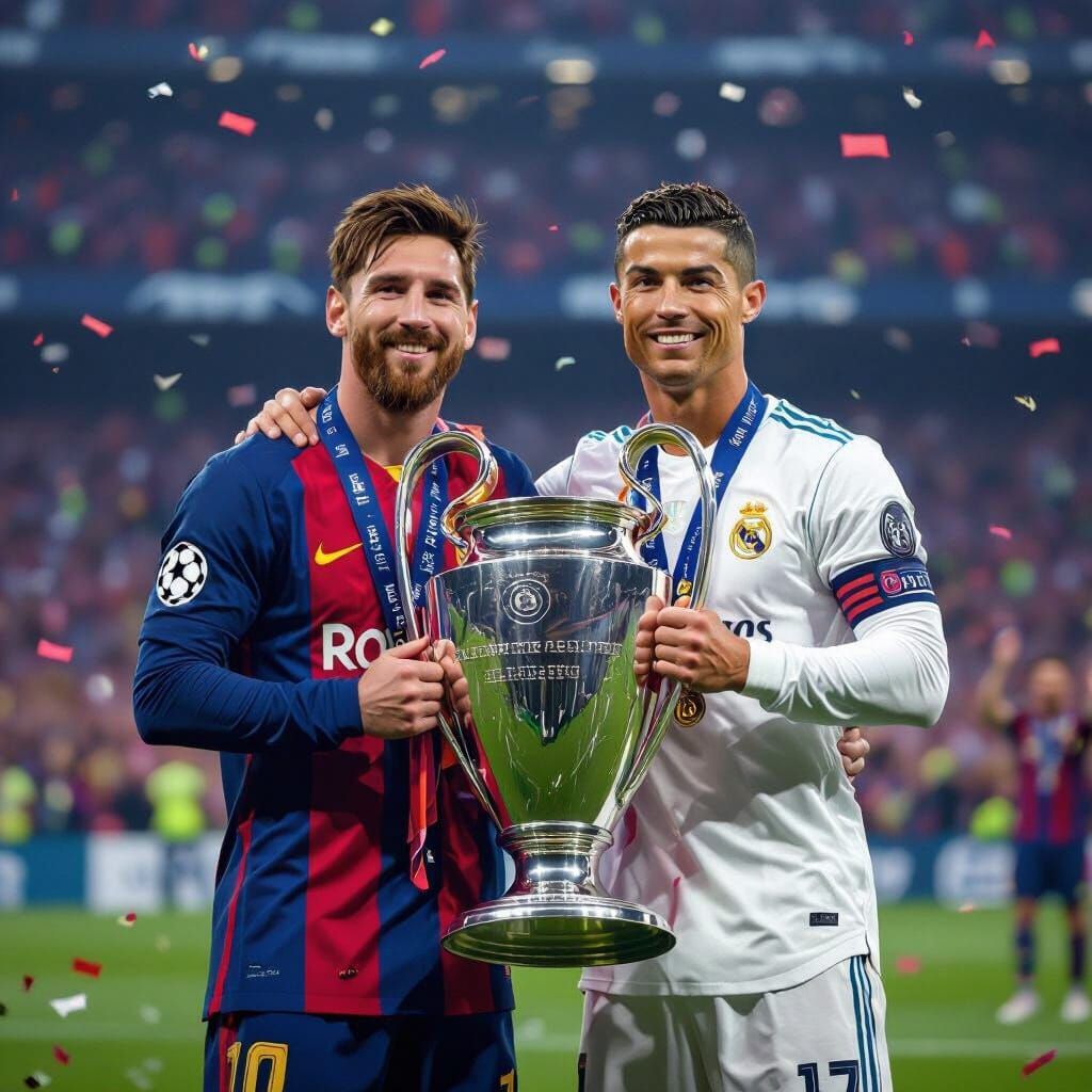 Messi & Ronaldo Lift Champions League Trophy in Barcelona