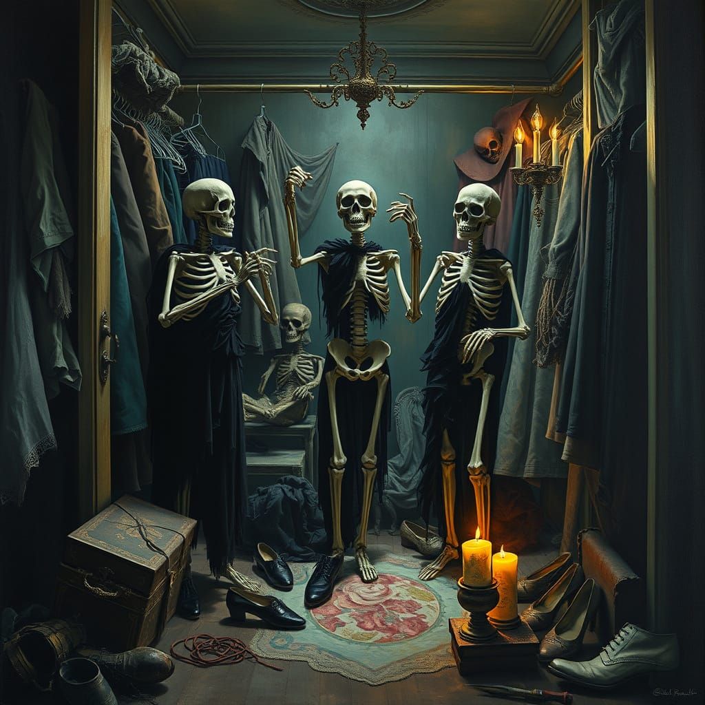 Surreal Skeletons in a Melting Closet, in the Style of Salva...