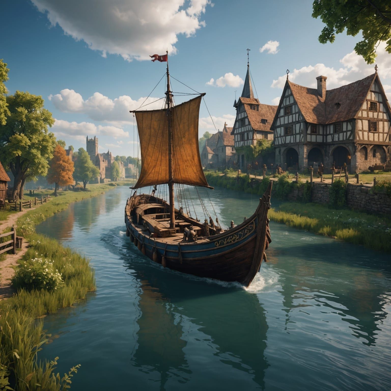 Medieval Boat Sails River in Detailed Matte Painting