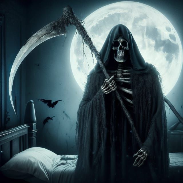 Surrealist Painting of Grim Reaper Beside Sleeping Couple