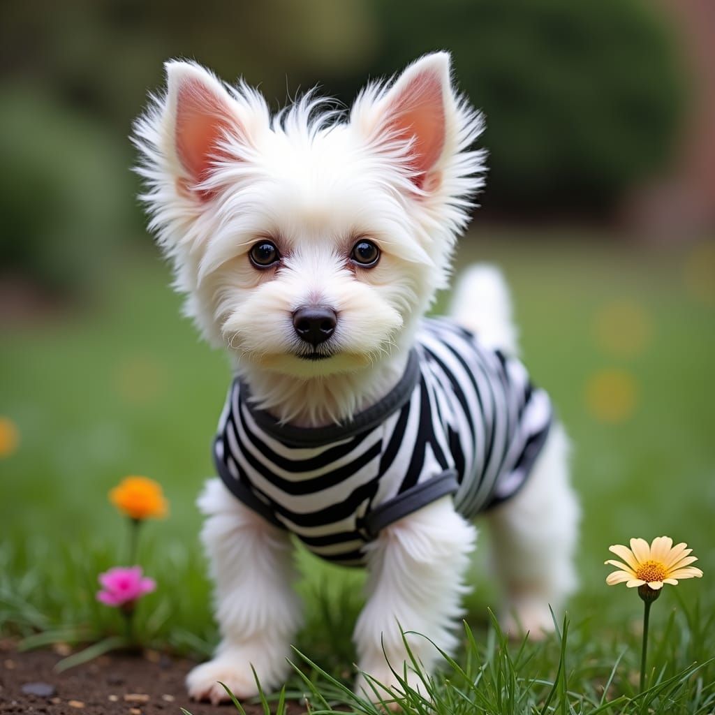 Maltese Puppy in Zebra Onesie, Whimsical Pet Portrait