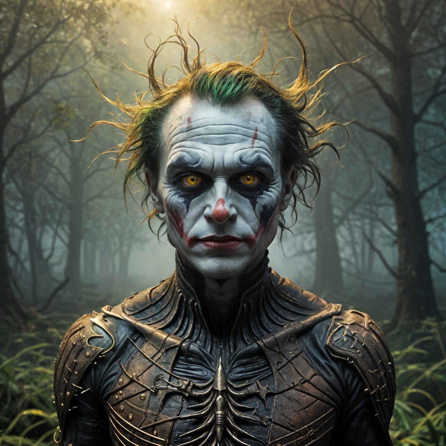 Mysterious Trickster Figure in Vibrant Rainbow Haze