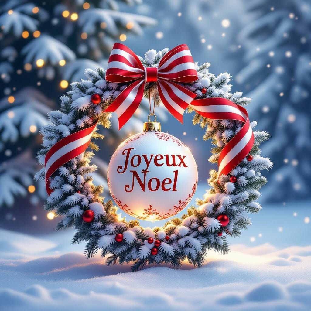 Snowy Christmas Wreath with "Joyeux Noel" Banner