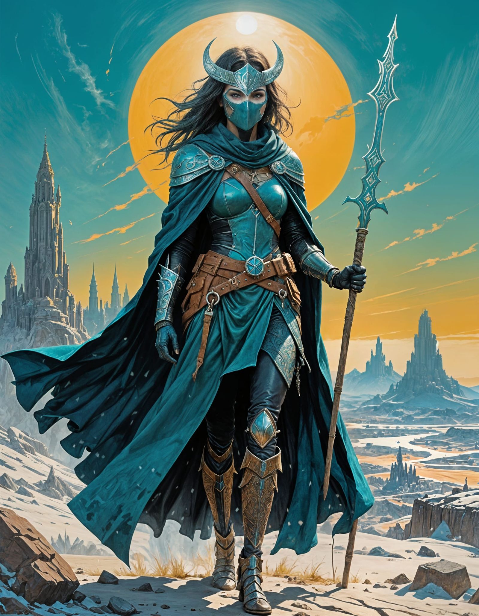 Sorceress in Turquoise Cloak with Runic Staff