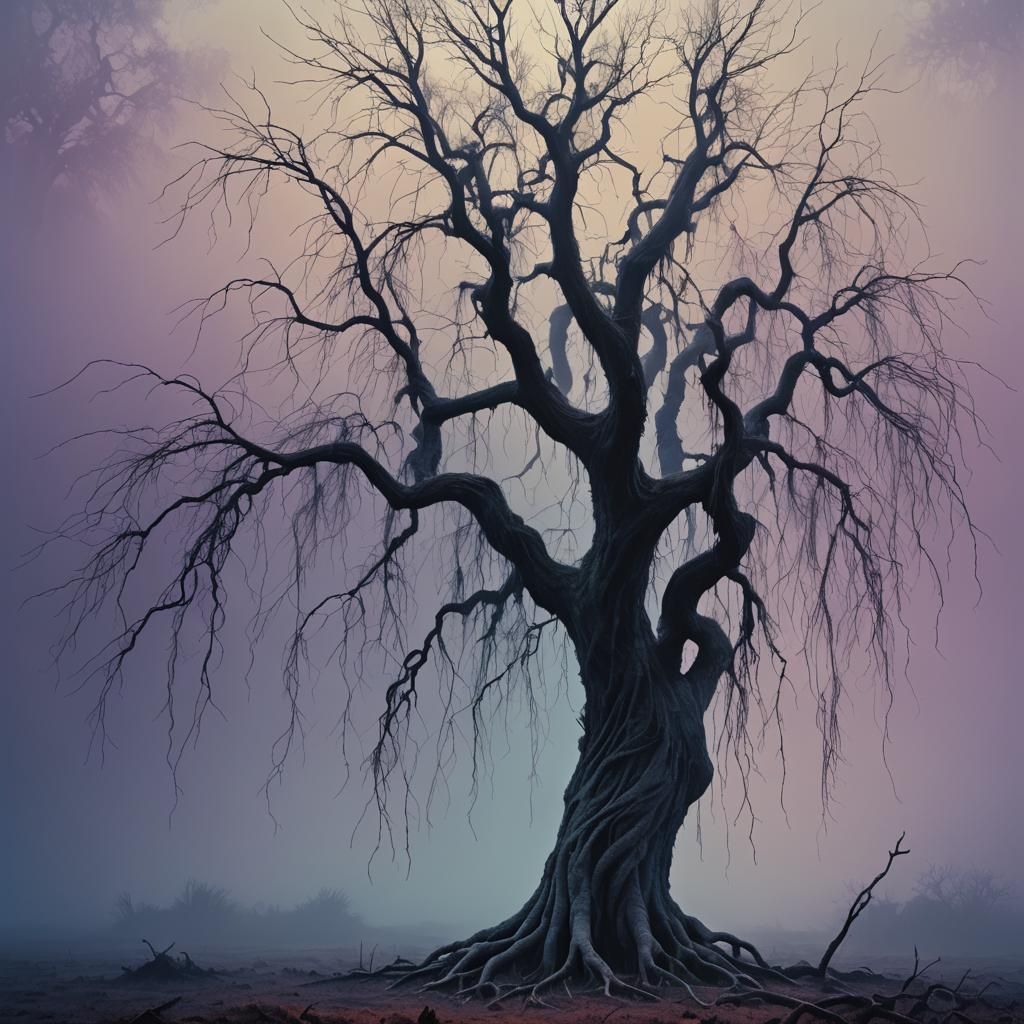 Eerie Weeping Willow in Morning Fog: Surreal Matte Painting