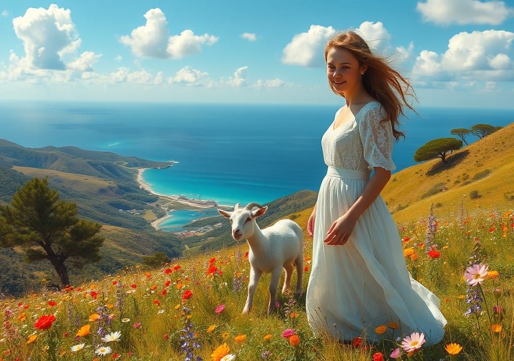 Spring Serenity: Woman and Goat on Wildflower Hill