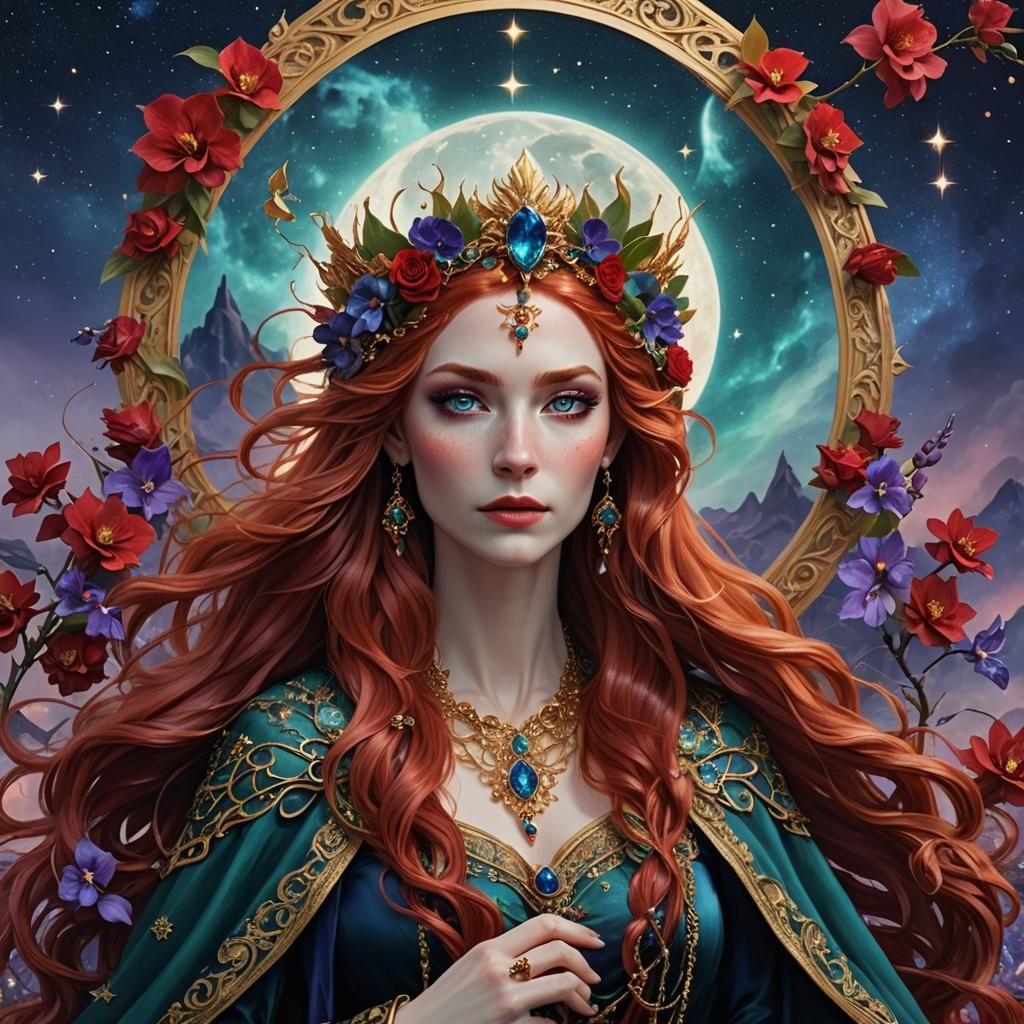 Elven Woman with Red Hair in Fantasy Landscape