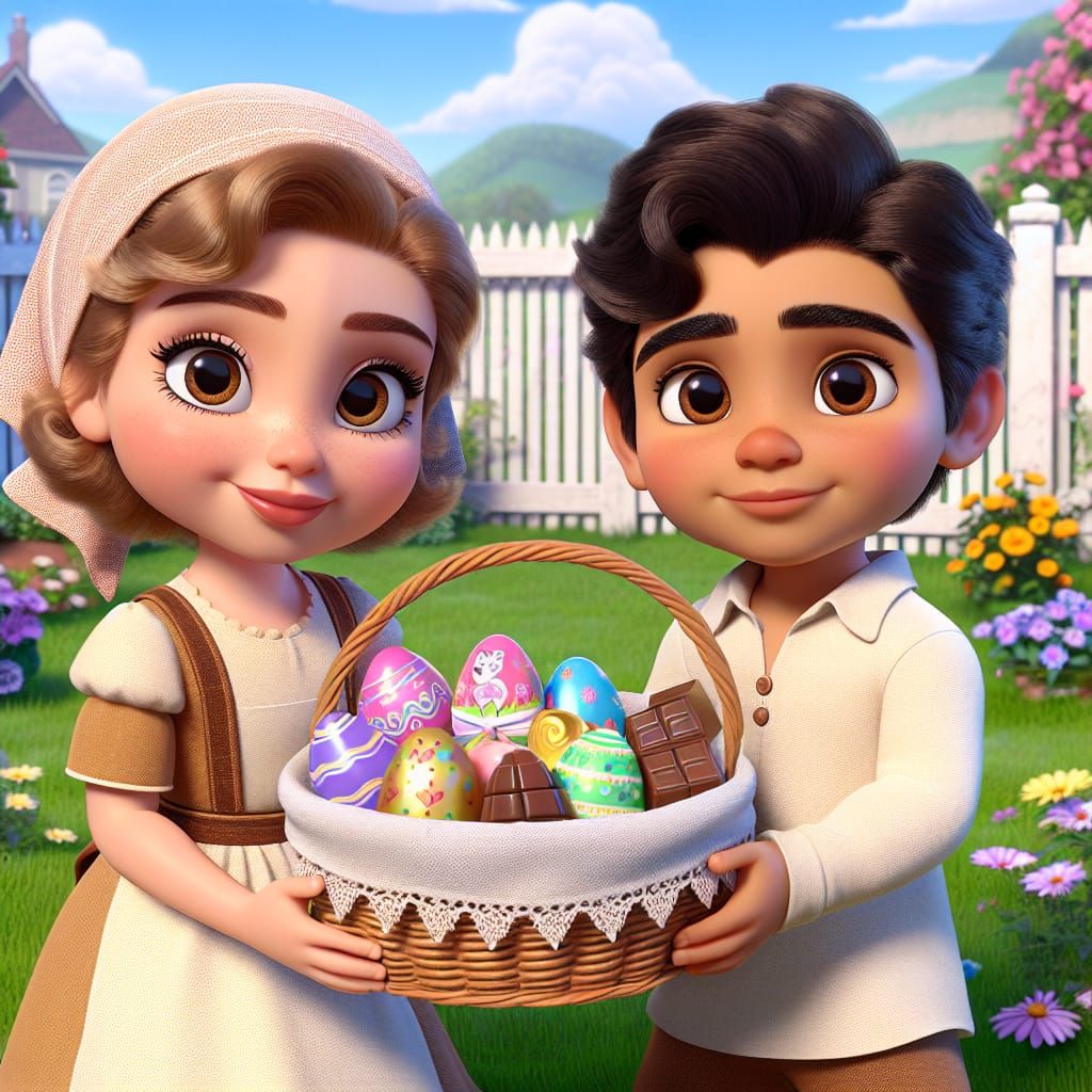 Disney Pixar style 3D adorable boy girl holding an Easter ba...