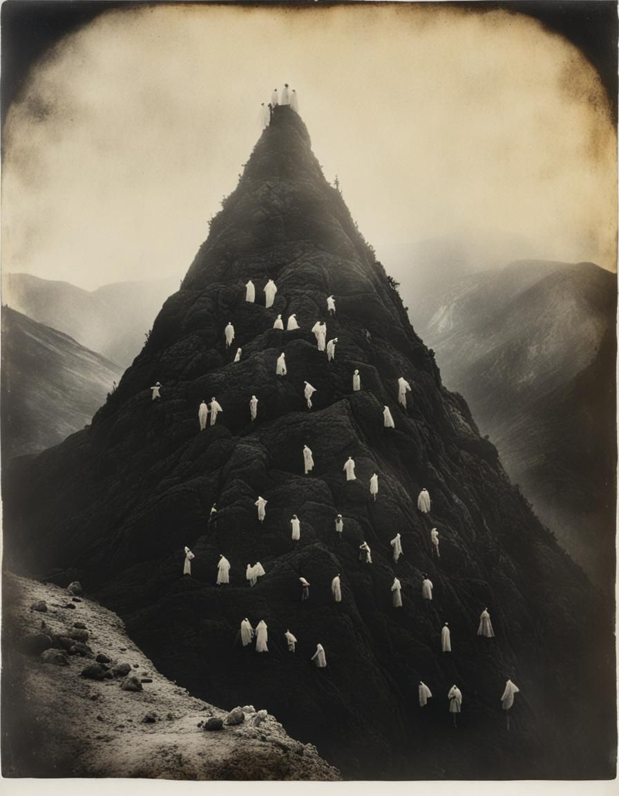 Surreal White Figures on Black Mountain