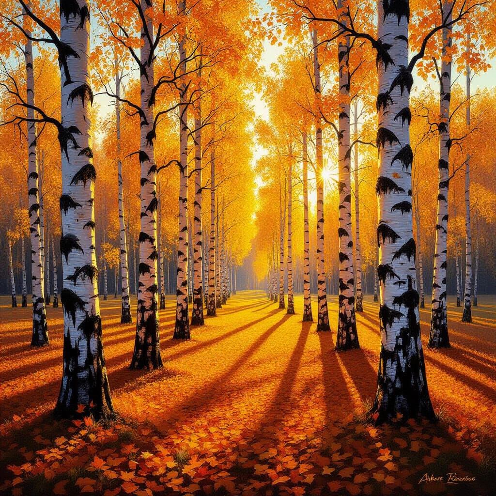 Golden Birch Grove in Autumn Sunlight