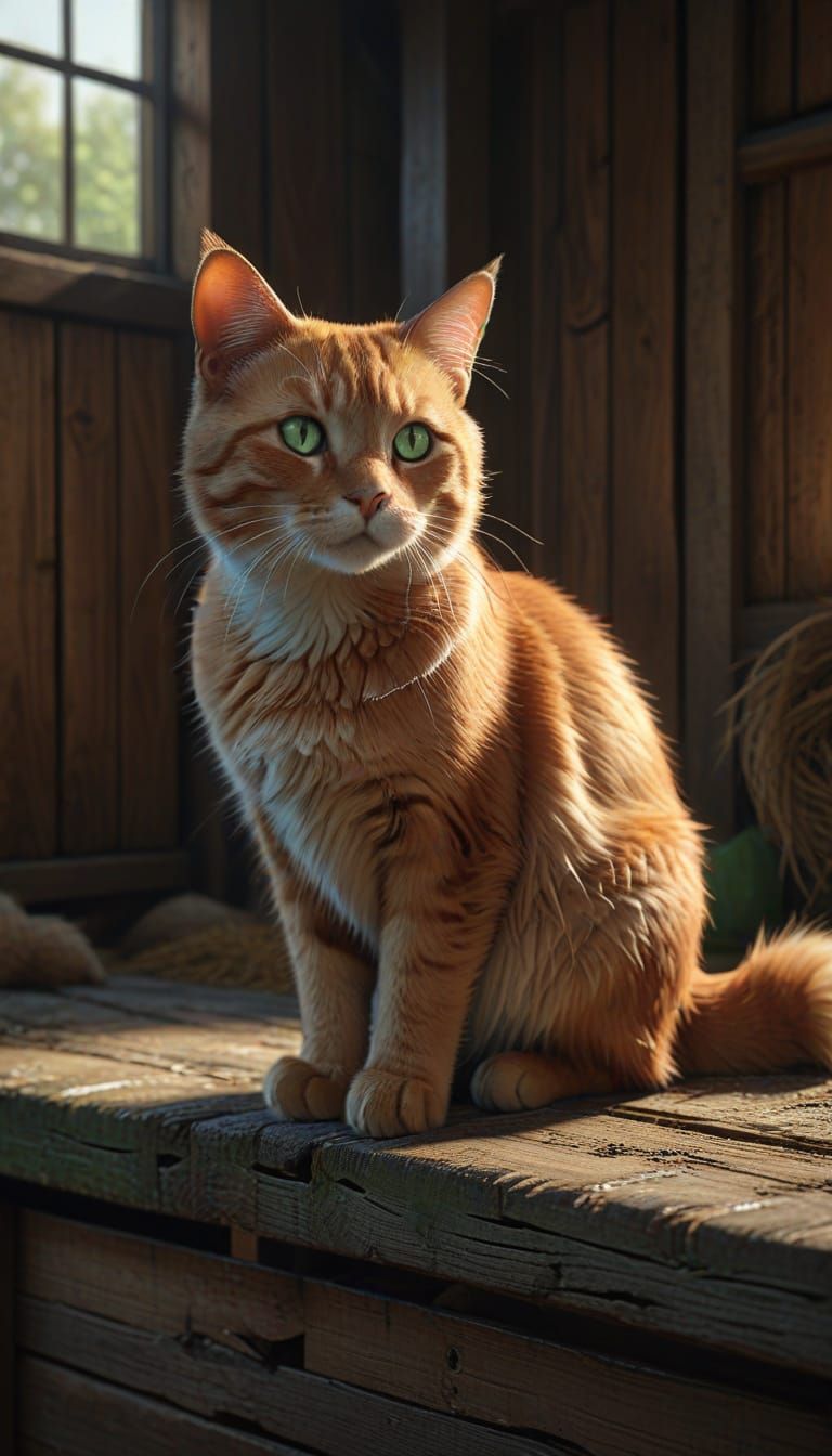 Photorealistic Ginger Cat in Rustic Barn Concept Art