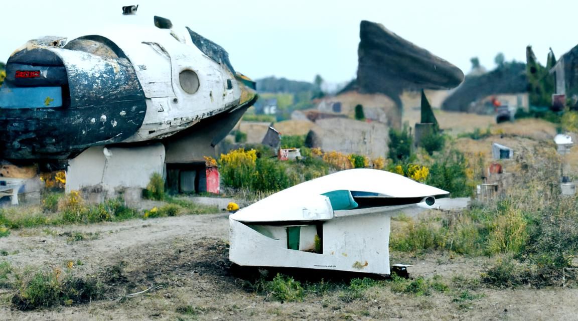 Spaceship Landing in Village: Retro-Futuristic Art