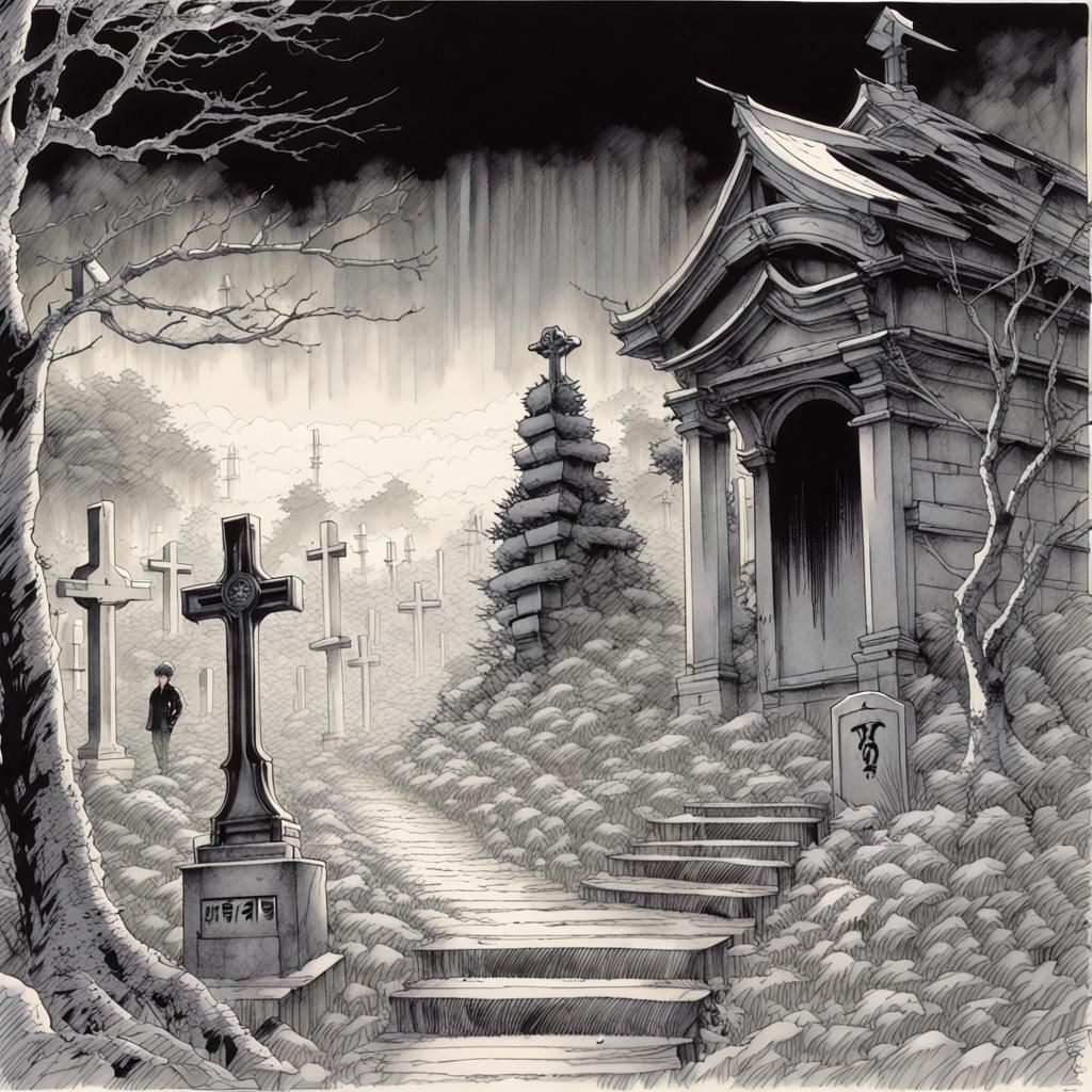 Ominous Figure Stalking Graveyard in Ink Style