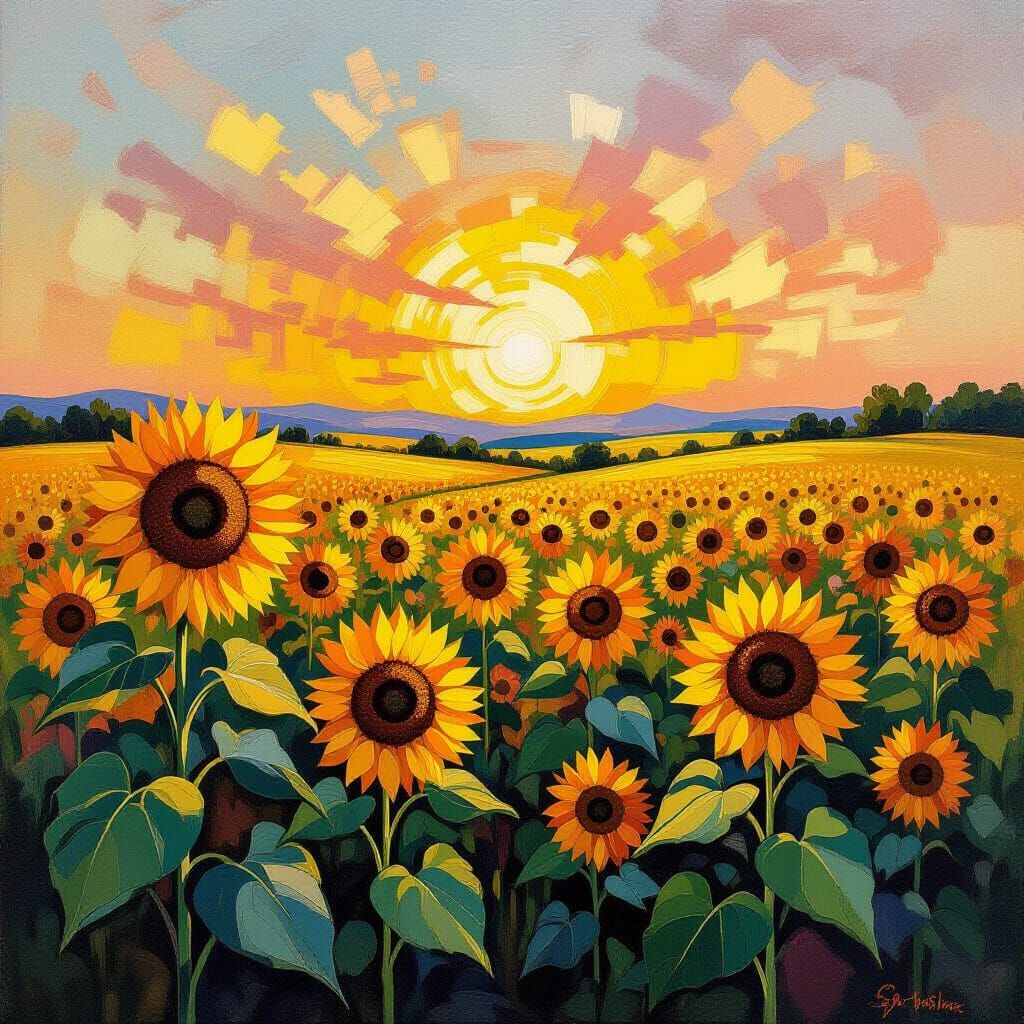 Vibrant Sunflower Field with Kaleidoscopic Sky