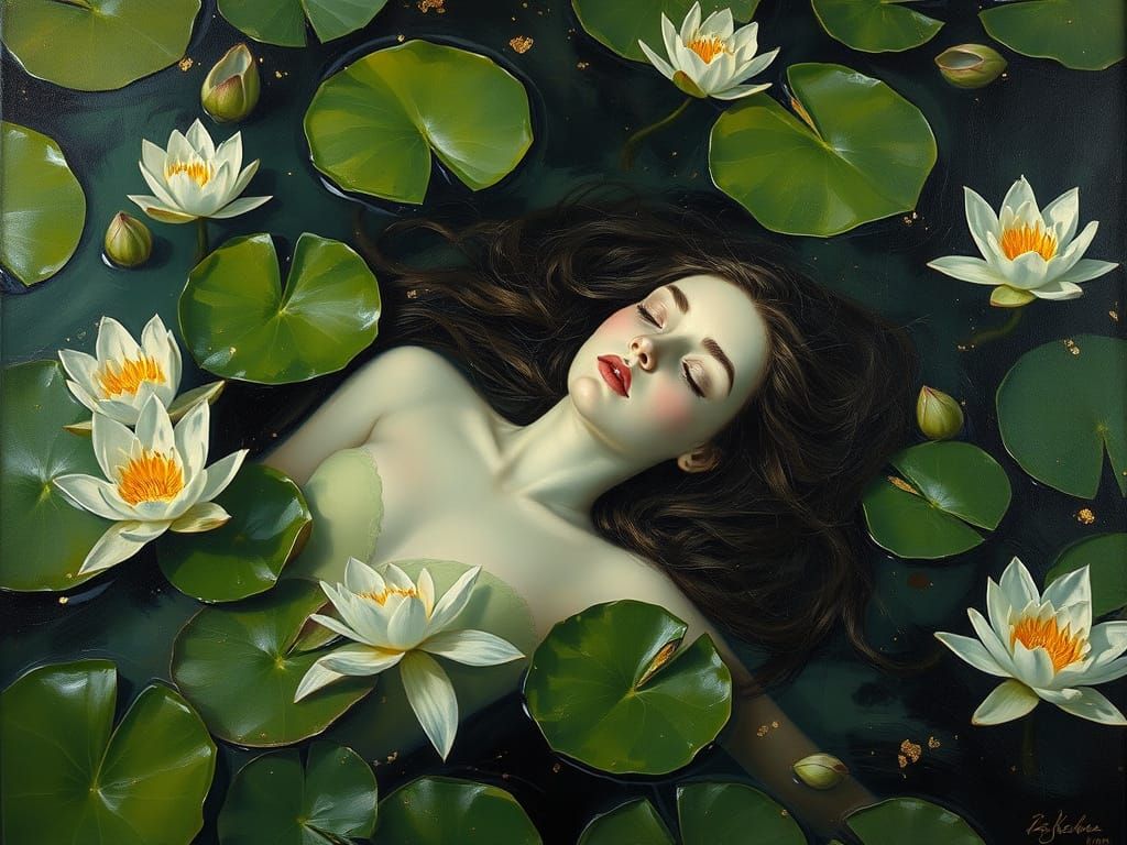 Tragic Ophelia Surrounded by Water Lilies in Gold Leaf Oil P...