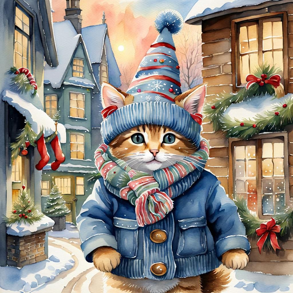 Watercolor Festive Kitten in Christmas Scarf