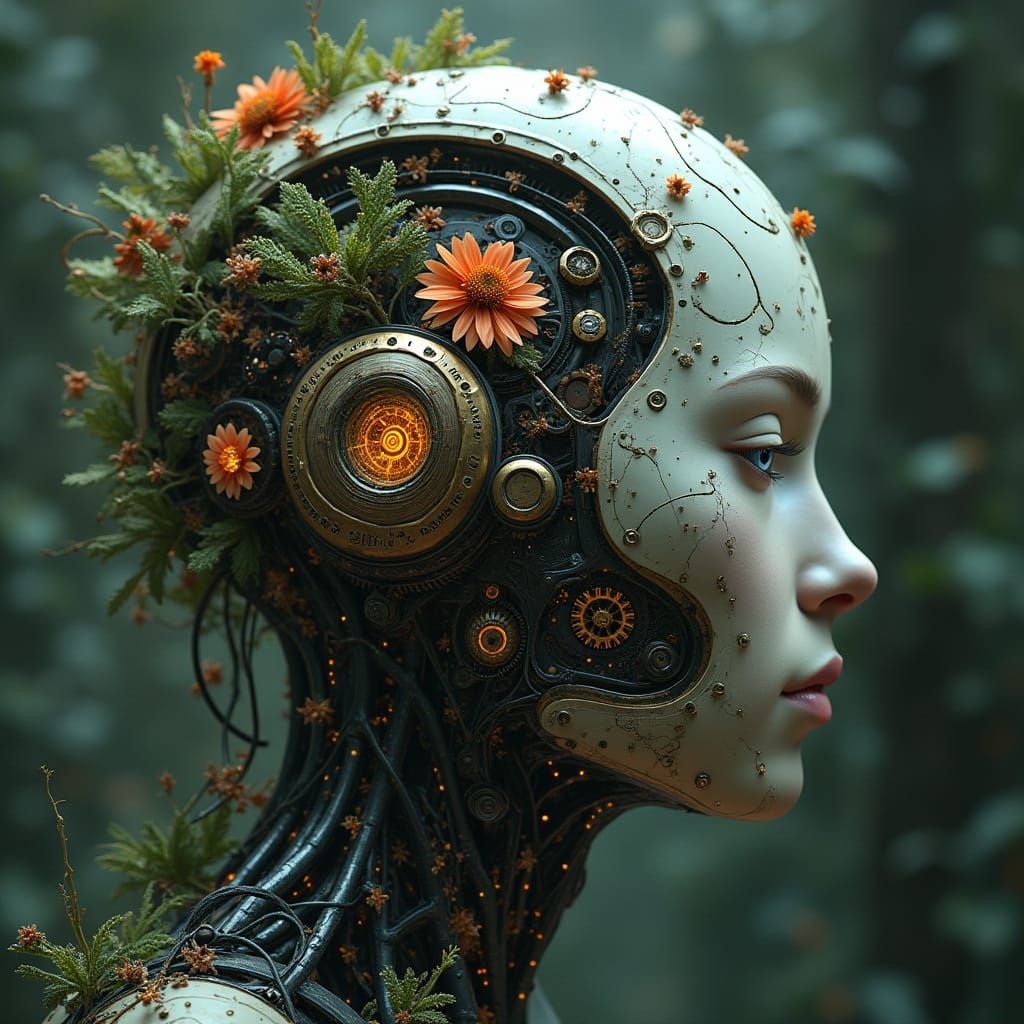 Cybernetic Steampunk Head with Nature and Gears