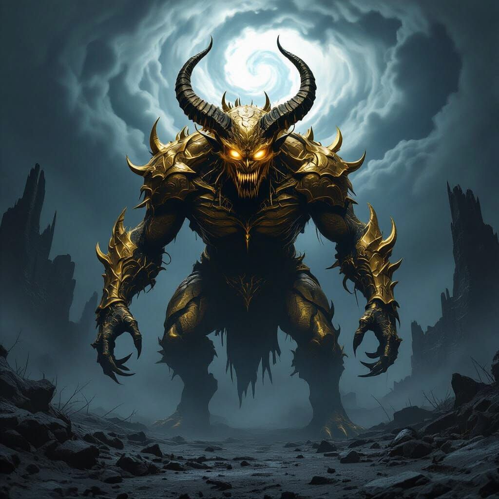 Golden Demon in Obsidian Realm, Dark Fantasy Art
