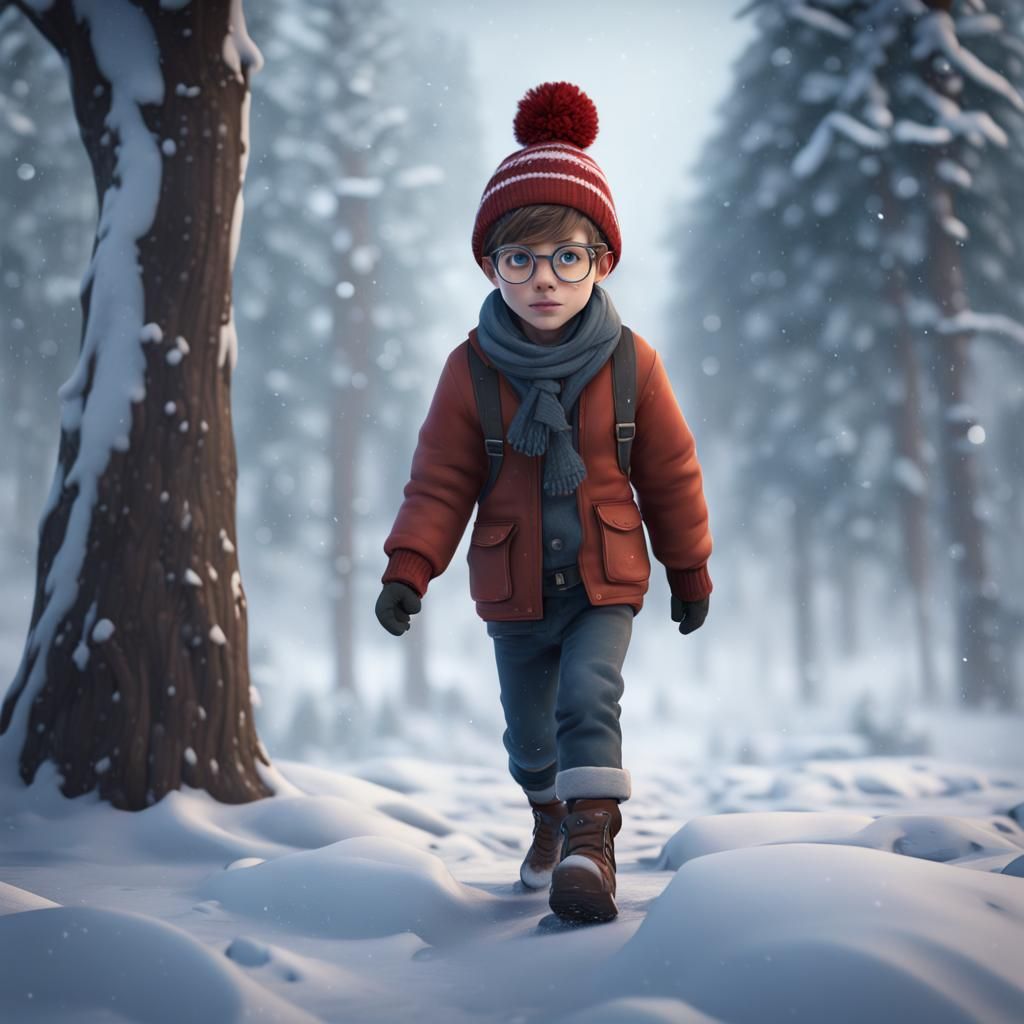 Boy Walking in Snow: Detailed Matte Painting