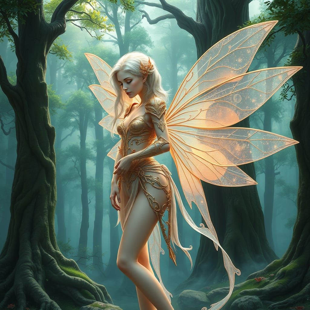 Whimsical Fairy Queen in Rose Gold Armor Standing in Enchant...