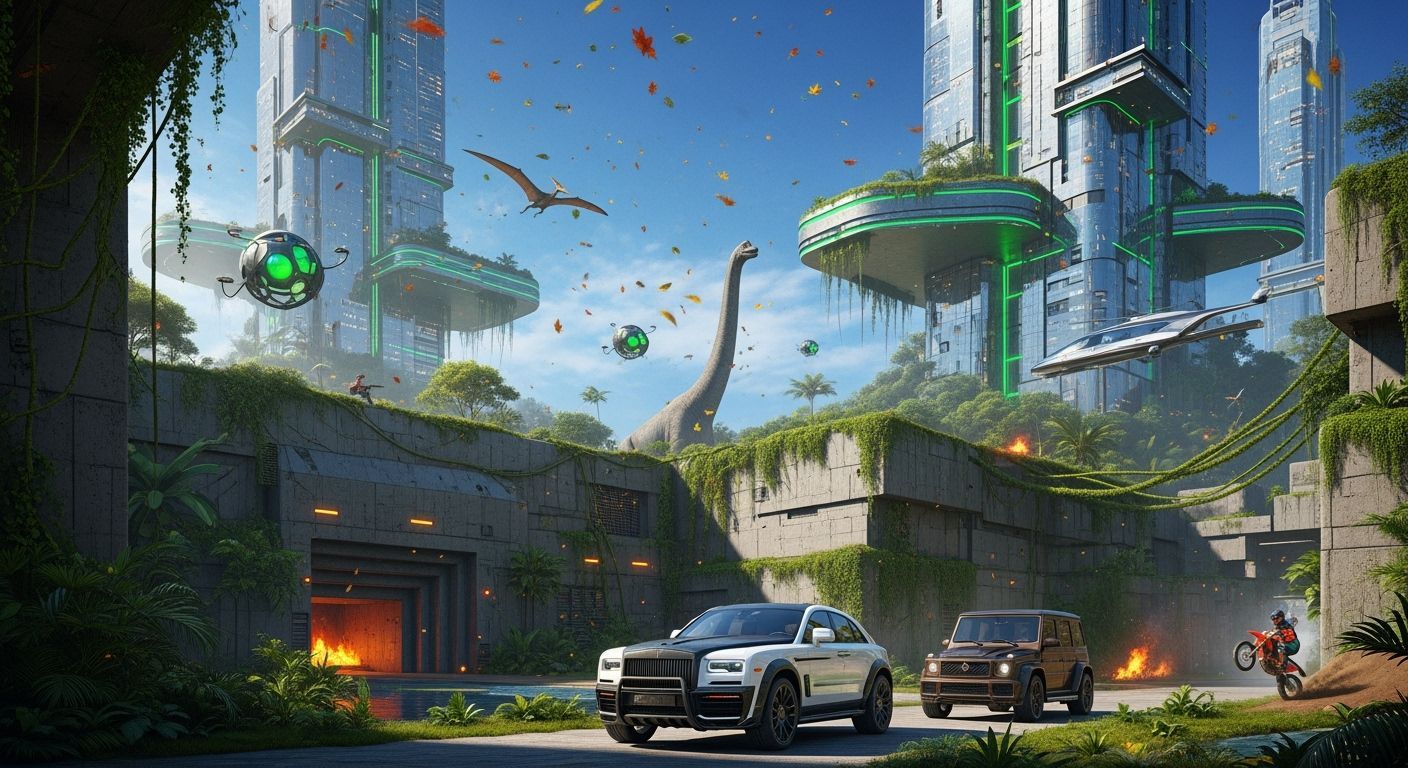 Futuristic Jungle Courtyard with Brutalist Architecture