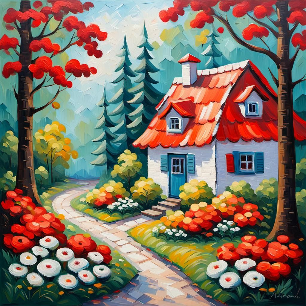Cozy Cottage in Forest, an Impressionist Painting
