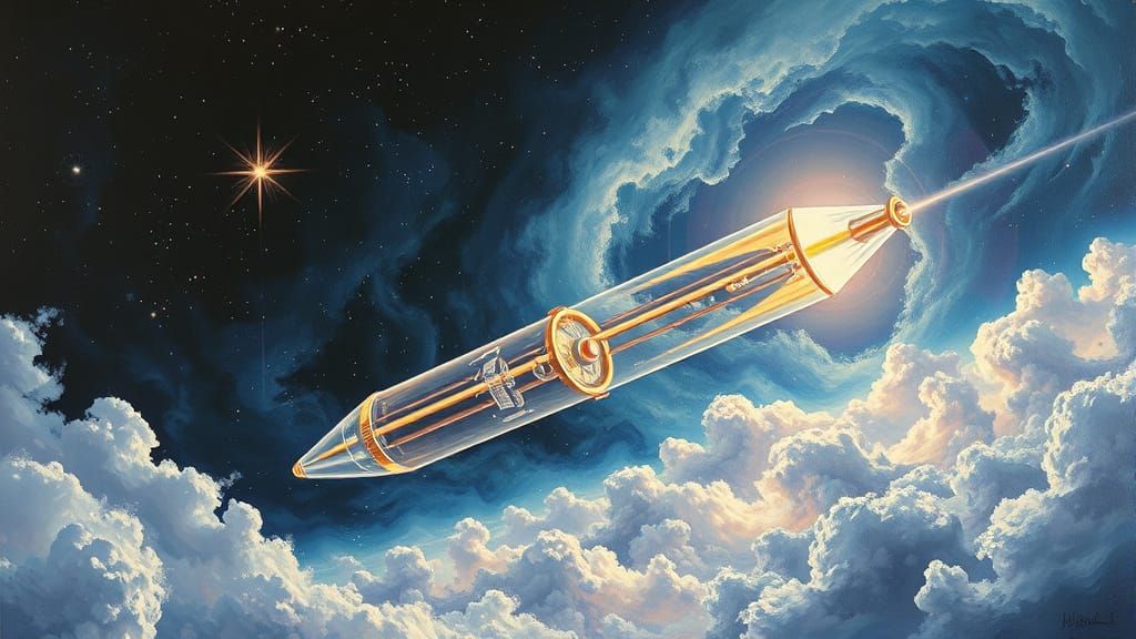 Surreal Cosmic Spaceship Soars through Iridescent Gas and Du...