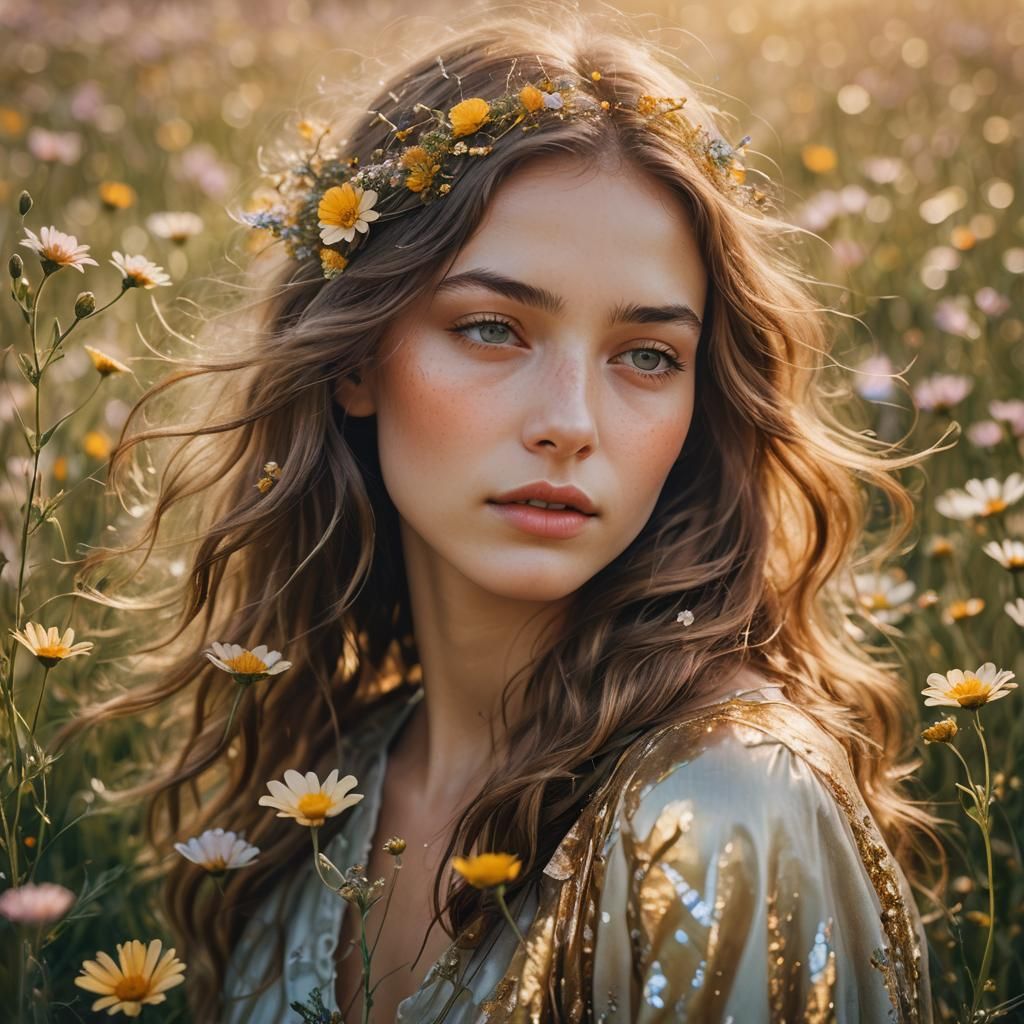 Serene Woman in Dreamy Meadow: Surrealist Close-Up