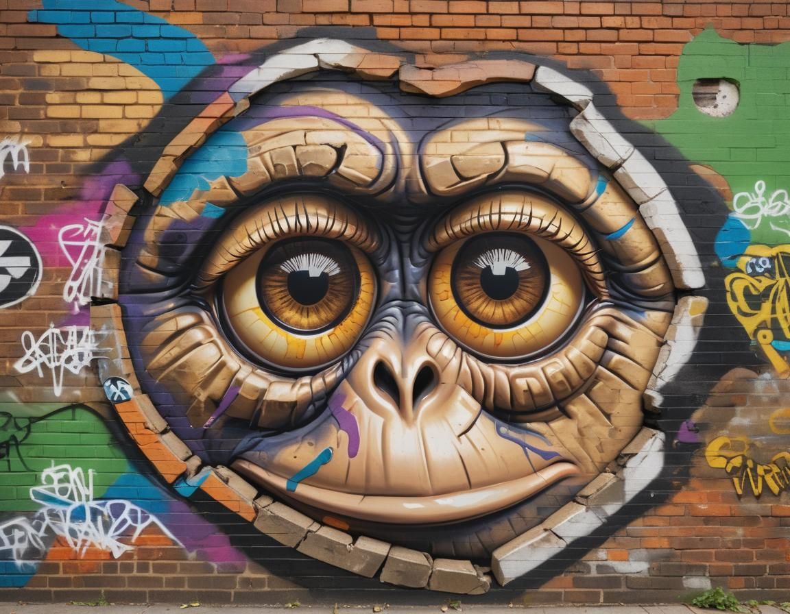 Hyperrealistic Chimpanzee Eye Mural on Brick Wall