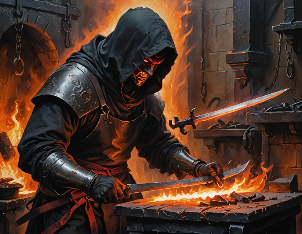 Demonic Blacksmith Forging Blade in Dark Fantasy Art