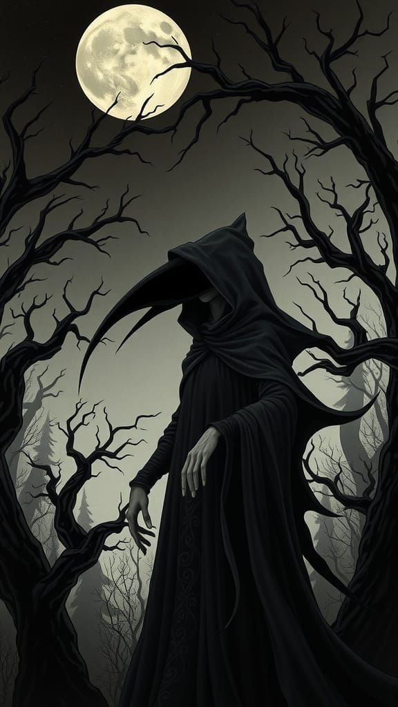 Mysterious Woman in Dark, Dreamlike Art Nouveau Scene