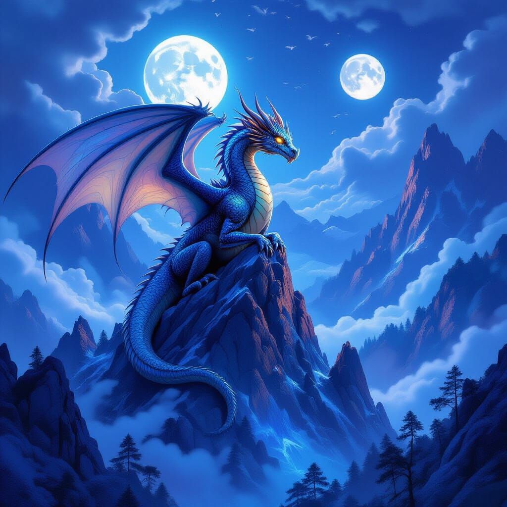 Dragon on Crystalline Peak Overlooking Bioluminescent Forest
