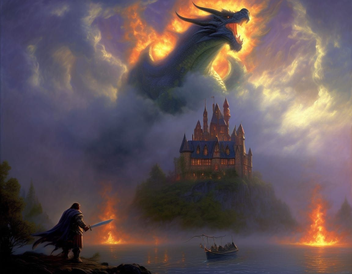 Heroic Dwarf Stands Against Fiery Dragon in Moonlit Castle