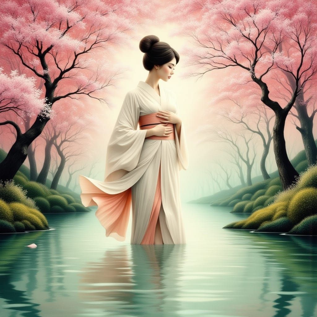Digital Geisha Amidst Luminous Sakura Trees