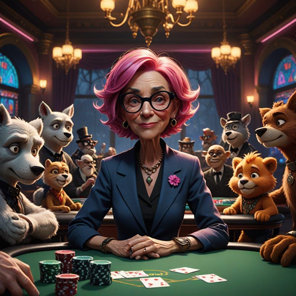 Vibrant Cartoon Woman Raises Stakes in Smoky Casino